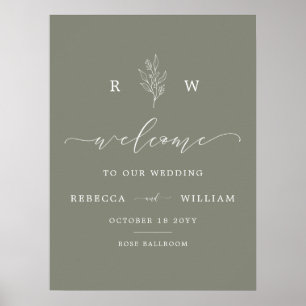 Poster Sage Green Floral Monogram Script Welcome Wedding