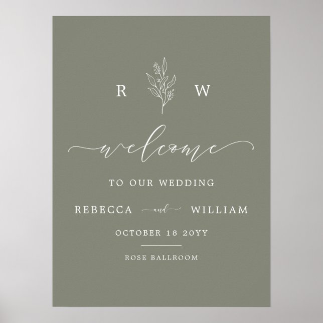 Poster Sage Green Floral Monogram Script Welcome Wedding (Frente)