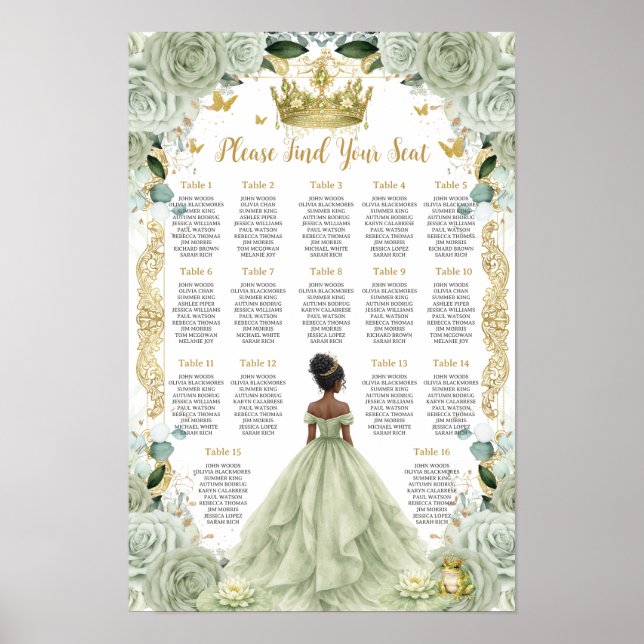 Poster Sage Green Floral Princess and Frog Seating Chart (Frente)