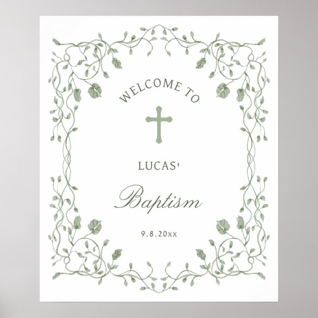 Poster Sage Green Foliage Frame Baptism Welcome (Frente)