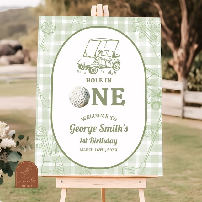 Poster Sage Green Gingham Golf 1st Birthday Welcome Sign (Criador carregado)