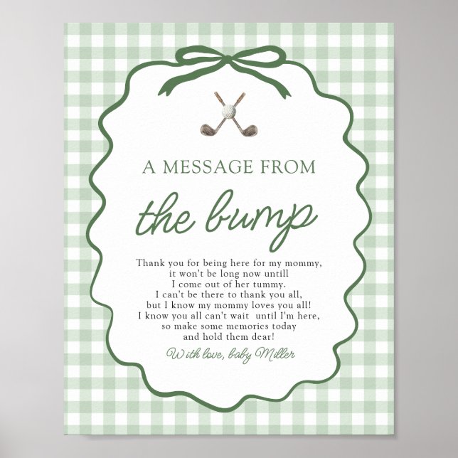 Poster Sage Green Gingham Golfe Uma Mensagem do Bebê (Frente)