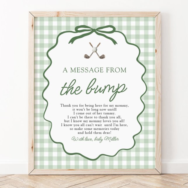 Poster Sage Green Gingham Golfe Uma Mensagem do Bebê (Sage Green Gingham Golf A Message from the Bump Sign)