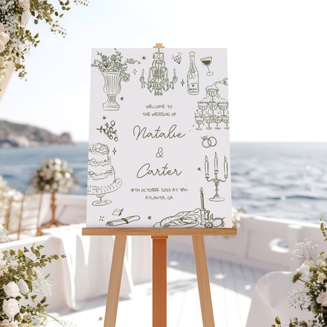 Pôster Sage Green Hand Drawn Whimsical Wedding (Criador carregado)