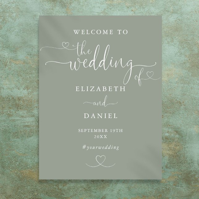 Poster Sage Green Heart Script Wedding Sign (Sage Green Heart Script Wedding Welcome Sign)