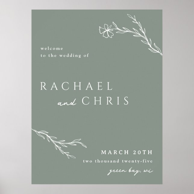 Poster Sage Green Modern Stencils Floral Welcome Sign (Frente)