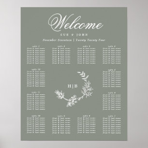 Poster Sage Green Monograma Wreath Casamento 12 Mesas