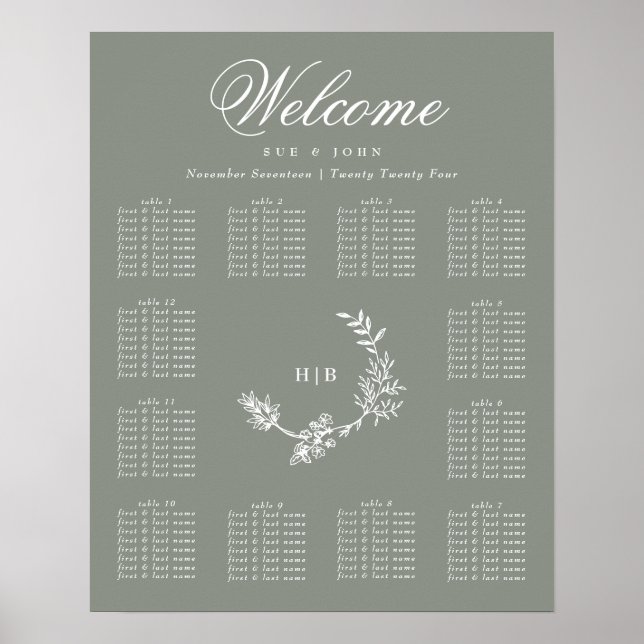 Poster Sage Green Monograma Wreath Casamento 12 Mesas (Frente)