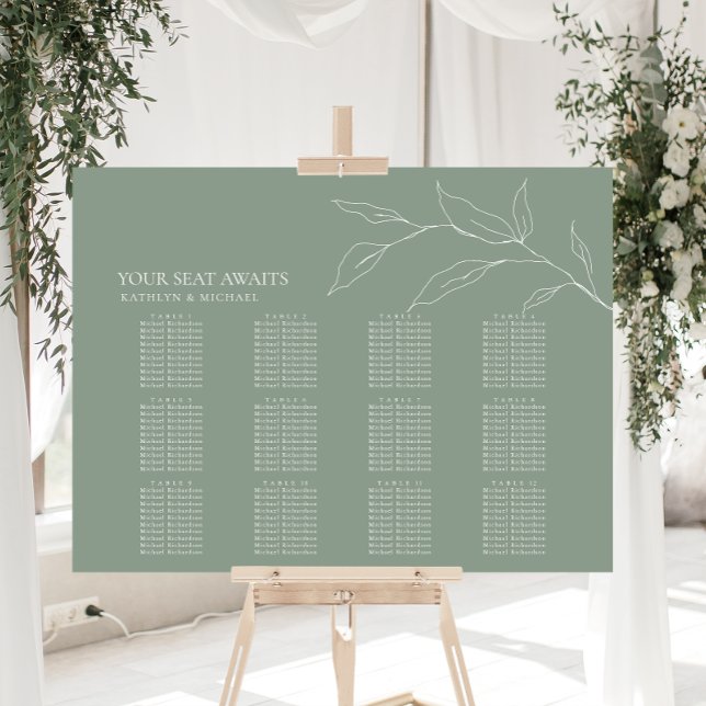 Poster Sage Green Olive Leaf Wedding 12 Seating Mesa Seat (Criador carregado)