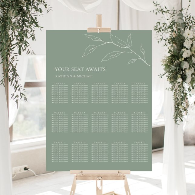 Poster Sage Green Olive Leaf Wedding 15 Seating Mesa Seat (Criador carregado)