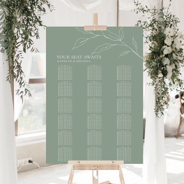 Poster Sage Green Olive Leaf Wedding 18 Seating Mesa Seat (Criador carregado)