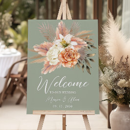 Poster Sage Green Peach Floral Weding Sinal de Boas-vinda