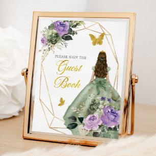 Poster Sage Green Purple Quinceañera Guest Book