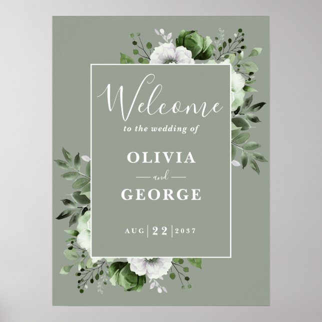 Poster Sage Green Rustic Boho Floral Weding Sign (Frente)