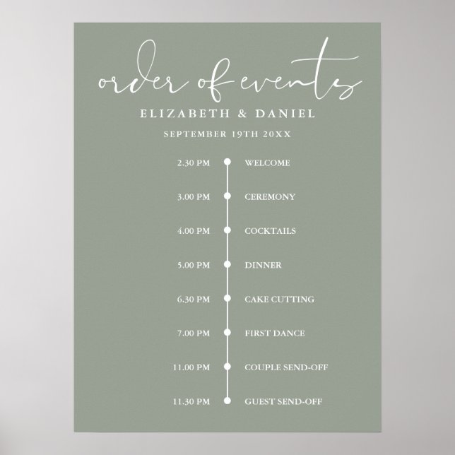 Poster Sage Green Wedding Order Of Events Timeline Sign (Frente)