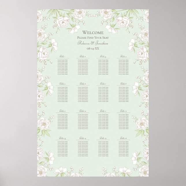 Poster Sage Green White Rose Wedding Seating Chart (Frente)