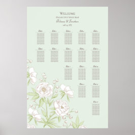 Poster Sage Green White Rose Wedding Seating Chart