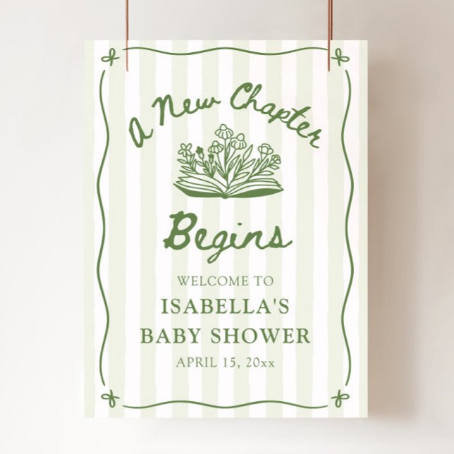 Poster Sage Um Novo Capítulo Começa Sinal de Boas-Vindas  (Sage Green A New Chapter Begins Baby Shower Welcome Sign)