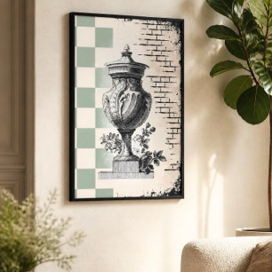 Poster Sage Verde Xadrez Urna Clássica Esboço Vintage