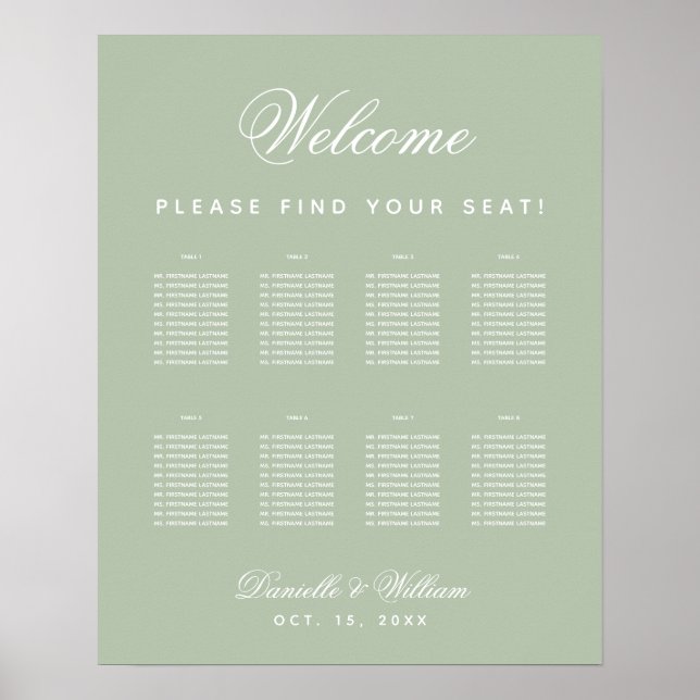 Poster Sage Wedding 8 Mesa Simples Green Seating Chart (Frente)