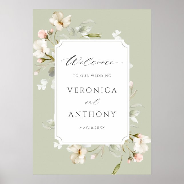 Poster Sage White Blush Floral Weding Sinal de Boas-vinda (Frente)