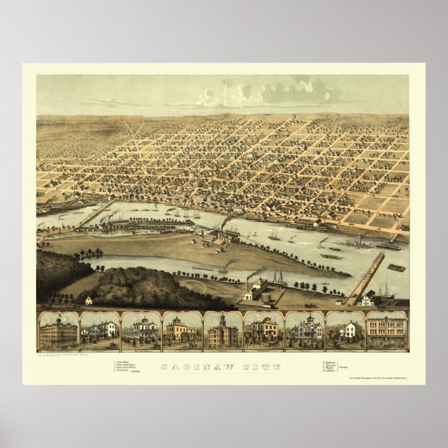 Pôster Saginaw, MI Panorâmica Map - 1867 (Frente)
