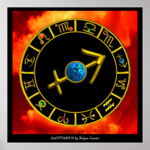 PÔSTER SAGITÁRIO / CÍRCULO DE SIGNOS DO ZODIÁCO DOURADO,