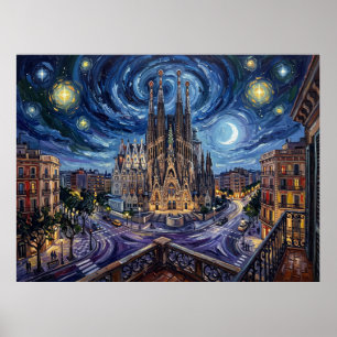 Poster Sagrada Família sob o céu estrelado de Barcelona