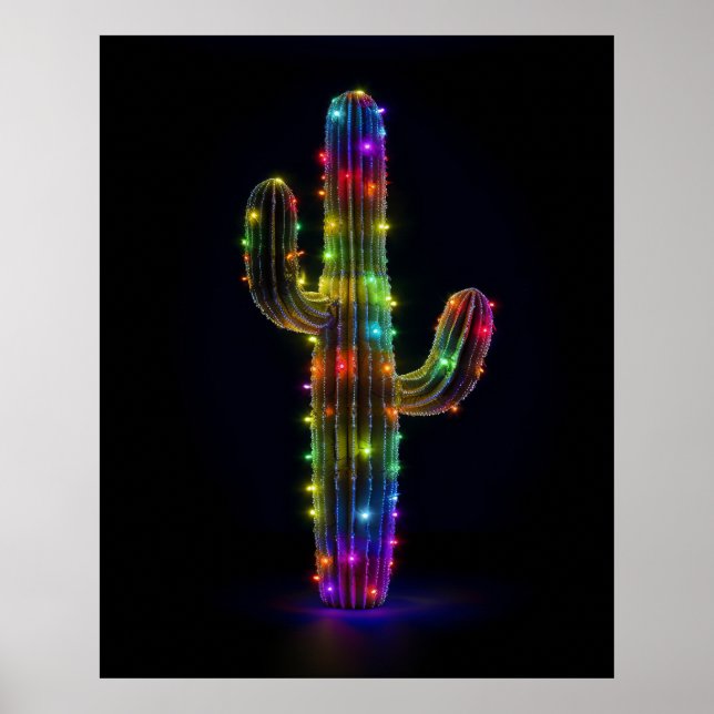 Poster Saguaro cactus iluminado com as luzes de Natal (Frente)