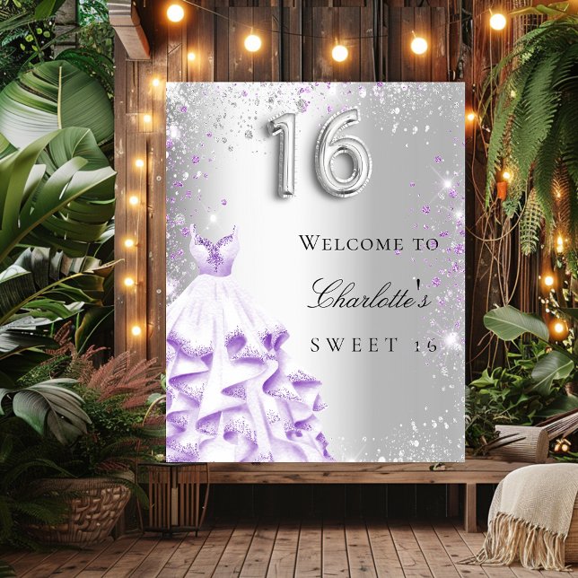 Poster Saia com brilho prateado e roxo para Sweet 16 de b (Criador carregado)