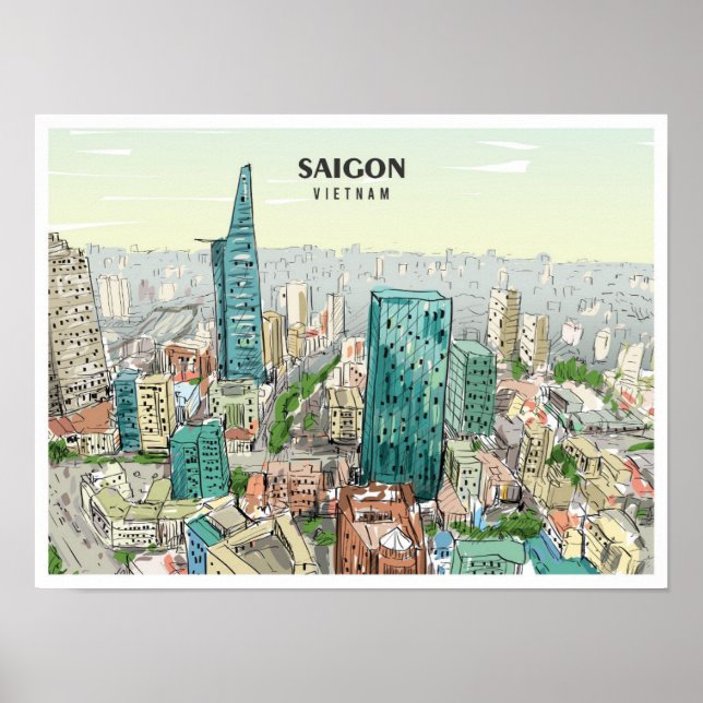 Poster Saigon Vietnam Sketch Art Viagens vintage (Frente)