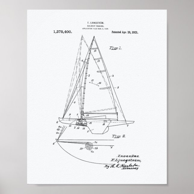 Pôster Sailboat Rigging 1921 - Patent Art - White Paper (Frente)