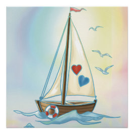 Pôster Sailing Hearts – Minimalist Boat with Love Sails