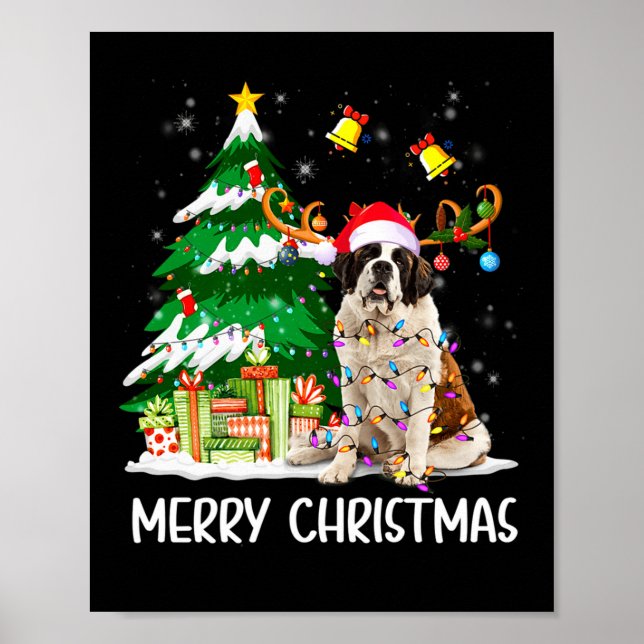 Poster Saint Bernard Christmas Lights Tree Santa Xmas Paj (Frente)
