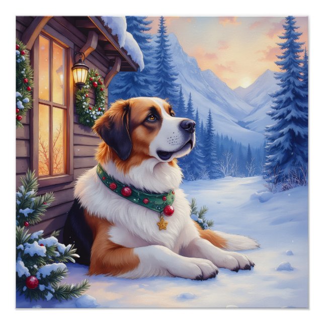 Pôster Saint Bernard Snowy Mountain Lodge Christmas Dog (Frente)