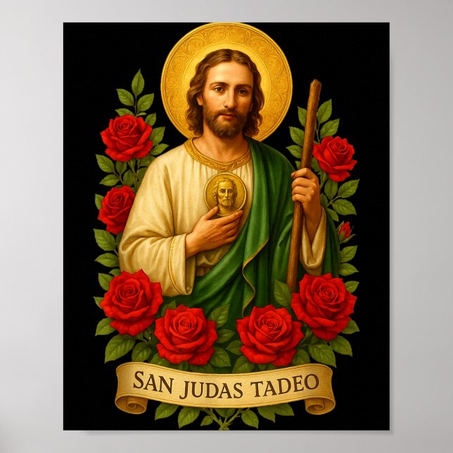 Poster Saint Jude Thaddeus Catholic Art With Red Roses  (Frente)