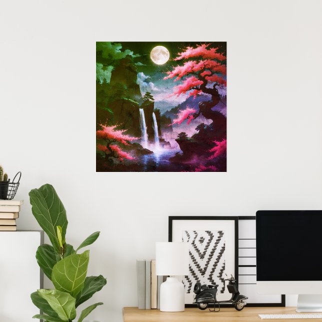 Poster Sakora tree-Moonlit Waterfall with Cherr-pink (Escritório em casa)