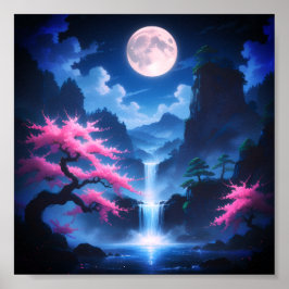 Poster Sakora tree-Moonlit Waterfall with Cherr-pink
