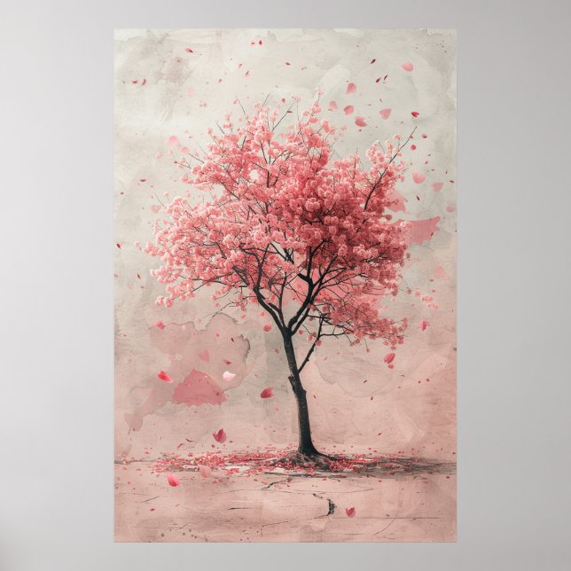 Poster Sakura ao Vento – Pintura de Cerejeira Japonesa (Frente)