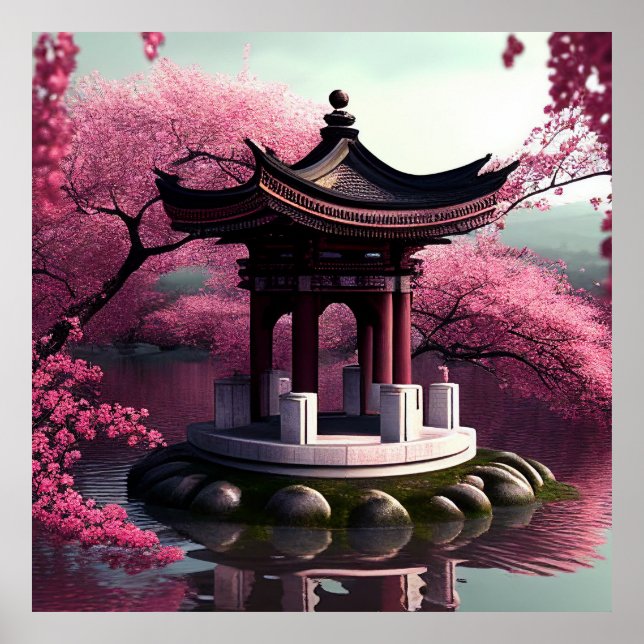 Poster Sakura Cherry Blossom Garden Shrine Pond Japonês (Frente)