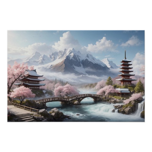 Pôster Sakura pintando com Pagoda e Rio (Frente)