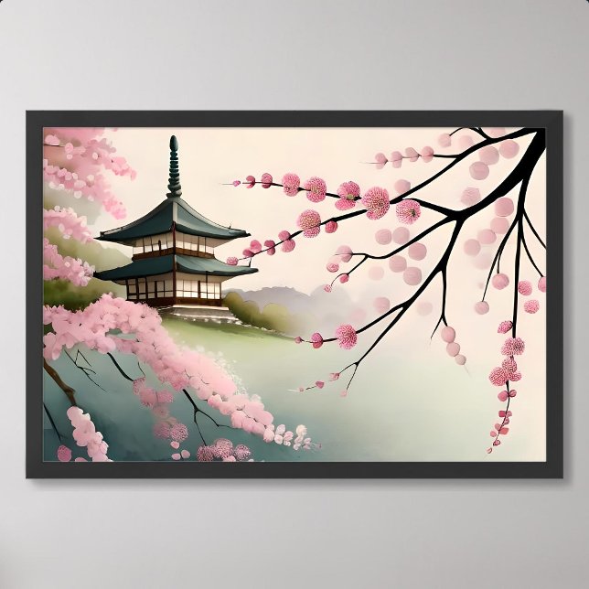 Poster sakura pintando pagode cor-de-rosa no japão com ne (sakura painting pink japan pagoda building foggy)