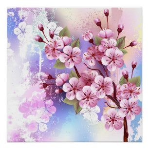 Pôster Sakura rosa no fundo da pintura