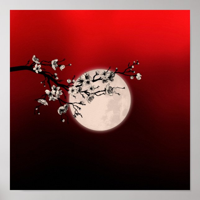 Poster Sakura - white blossom - moon (Frente)
