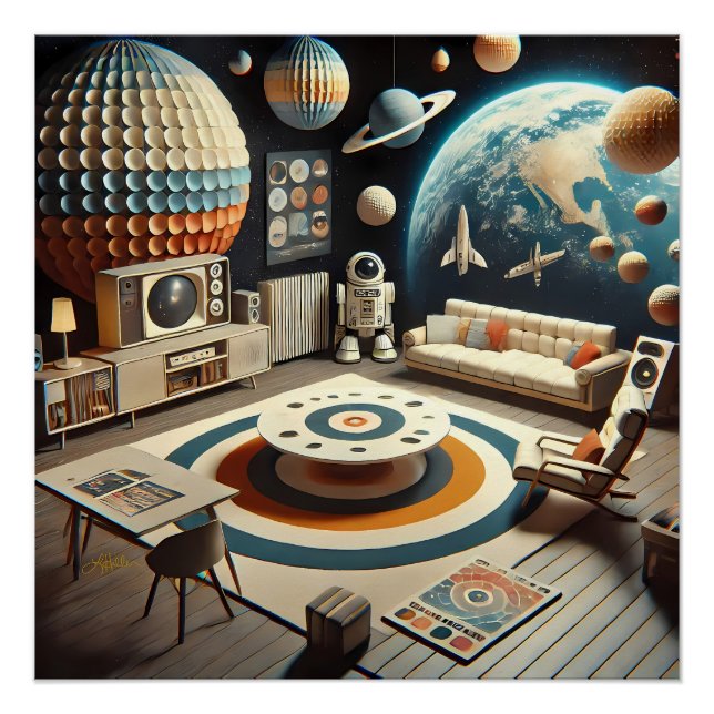 Pôster Sala de Brinquedos Espaciais Futurísticos Atômicos (Frente)