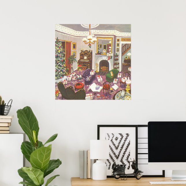 Pôster Sala de estar com presentes de Natal embrulhados e (Escritório em casa)