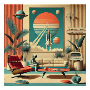 Pôster Sala de estar familiar da era espacial futurista a