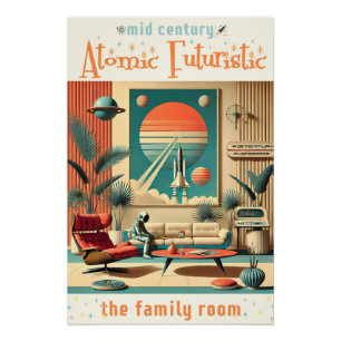Pôster Sala de estar familiar da era espacial futurista a