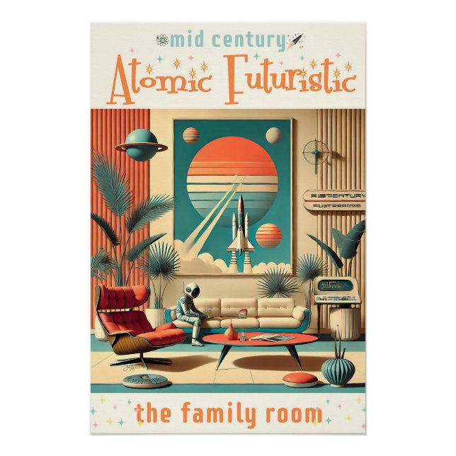 Pôster Sala de estar familiar da era espacial futurista a (Frente)