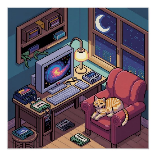 Pôster Sala Retro de Arte Pixel Lofi Meia-Noite (Frente)